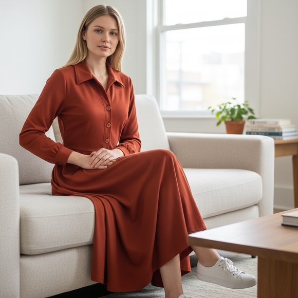 Vintage Elegant Miss Of California Orange A-Line Dress with Notched Collar - Picture 2 of 16